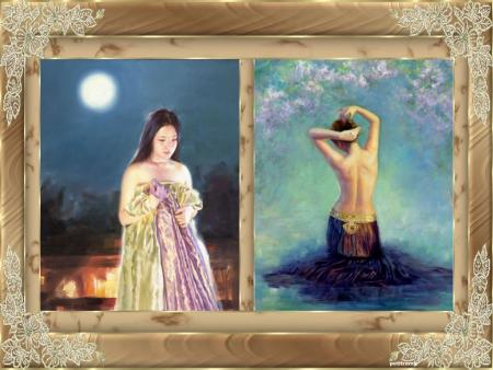 Jeune femme belle ,en robe longue,  et  dans son intimit&eacute;  sur ile   la mer,  au milieu fleurs  ou  anges,  belles couleurs  po&eacute;sie  r&ecirc;ve  f&eacute;&eacute;rie  Amour Tendresse �Beau cadre&