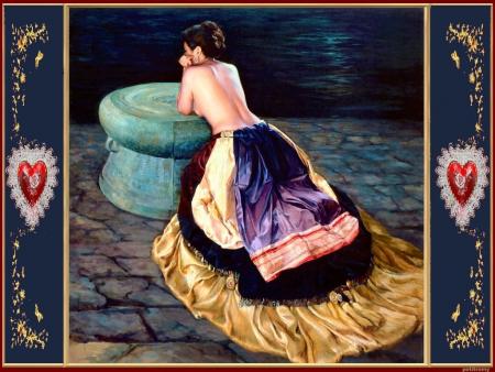 La nuit, contre belle Pierre, une jeun belle femme jupe longue, et dans son intimit&eacute;, d&eacute;voile  le haut de son corps, sans tabou, &agrave; l'aise &agrave; l'air du vent, de la mer !! fraicheur de la nuit  