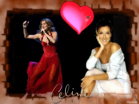 Elle est plutot ravissante C&eacute;line: C&eacute;line Dion chante,  et l'on voit de cot&eacute; une autr photo d'elle:souriante, en blanc &ccedil;a lui va bien! un coeur rose  de l'Amour  que le public lui porte