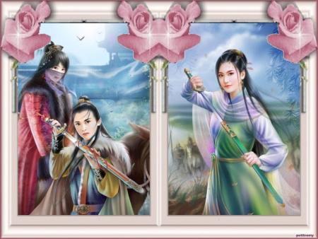 Cdre, l'on voit 2 jeun femme  un homm jeune, paysage, style asiatique� belle couleurs,  coutumes diff&eacute;rentes, mais attrayant  agr&eacute;able &agrave; voir,admirer, attirant!en quelque part!! j'aim  et Vo