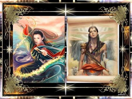 Style asiatique,  un couple  bemmes couleurs, attirantes, rappelle un autr monde d'autres coutumes, paysages  r&ecirc;ves, richesse culturelle et naturelle, l'Asie !! Fait penser l&eacute;g&egrave;rment &agrave; un ma