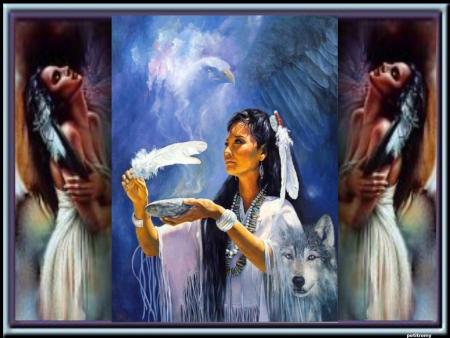 L'on change de Continent,style  Une am&eacute;rindienne beau visage, plume,un chien-loup superb , elle r&ecirc;ve, &agrave; son intimit&eacute;, &agrave; l'amour, &agrave; l'Etre Cher dns son Coeur�l'Etre Aim&eacute;� son corps 