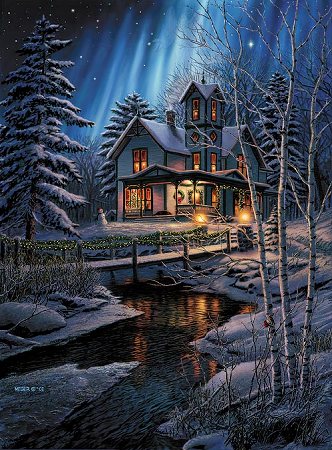 la Neige  les lumi&egrave;res sont &eacute;clair&eacute;es maison d&eacute;cor&eacute;e  &ccedil;a sent NOEL !! le froid dehors, mais joli paysage � la lune &eacute;toiles &eacute;clair la maison les arbres, le ruisseau!!  pO&eacute;tique  et  paisible tout cela,