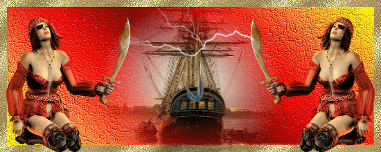 2 Femmes pirates du temps des Pirates, Bateau  Ep&eacute;es, Costumes d'Epoques Couleurs Foudres Batailles   Duels �� Rouge orange   Pas mal ce montage �� ces couleurs cette id&eacute;e  de  pr&eacute;sentation�� A P