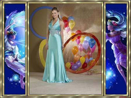 Gaie souriante  jolie jeun femme robe bleue longue en satin, d&eacute;collet&eacute;e elle est ravissante, et des ballons  fair la f&ecirc;te !! et des Anges  pr  prOT&eacute;ger �  �� douceur  joie  gaiet&eacute;  et paix  lumi&egrave;re � 