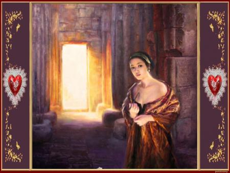 .  Femme  belle,   habits noir  et color&eacute;s orange  dans  batisse ancienne,  beau cadre  coeur  amour feston;  riche de culture d'histoire, cette photo  belle ��  BONNE SOIREE   DOUX REVES  &&