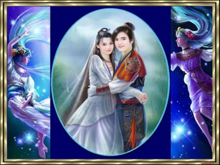 Couleurs belle plusieurs tons  bleus et  plus chaud pr les orang&eacute;s   blanc, un beau couple  asiatique, sourire, et  prot&eacute;g&eacute;  par les Anges�  Ce soir, le th&egrave;me  l'Asie,  � j'aim les Am&eacute;rindie