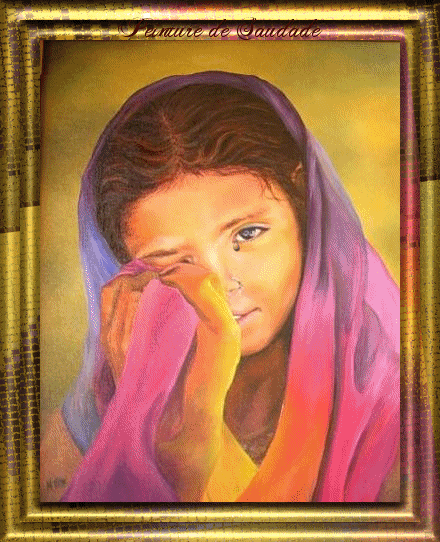 Belles couleurs, elle a son beau foulard voile sur la tete,l&eacute;ger sourire, mais une larme coule de son oeil  un chagrin et pleur l&eacute;g&egrave;rement�  dns joli cadre dor&eacute;��  Ca fait penser &agrave; une belle peinture 
