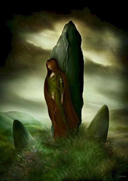 Femme, style qui me fait  penser au Celtique, par ses habits qui me plaisent , rochers verdure, la pluie, elle r&egrave;ve, ��Belle verdure,  montagne ; la bretagne  que j'aimerais y aller�  et la musiq