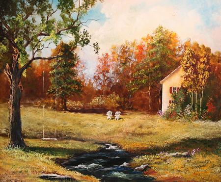 Paysage de campagne  maisonnette petit ruisseau  balan&ccedil;oire, arbres verdure, aux feuilles de tons d'AUTOMNE � Bonne nuit   Doux r&ecirc;ves &&