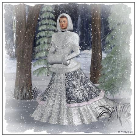 For&ecirc;t arbres sous la neige flocons de neige tombent virevoltent et aussi sur cette jeun belle femme fort bien v&ecirc;tue en blanc noir gris�gants,capuche robe superbe �tout est bien en accord harmonie ici,