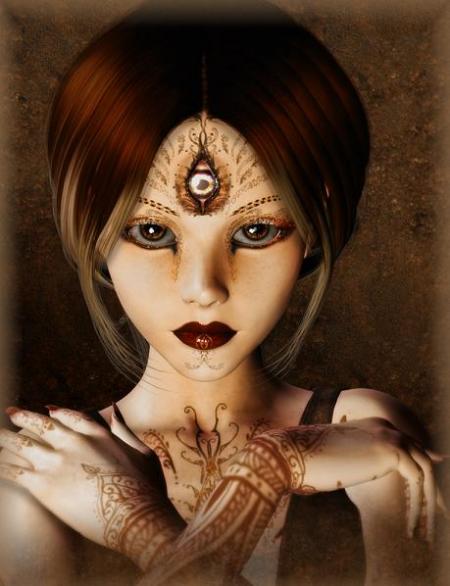 Originale, cette fille juene cheveux courts au carr&eacute;,&ccedil;a lui va bien,beaux eux  joli accessoire bijou sr front et motifs Tatouages bras mains, haut de son Buste, Fait penser style Oriental Indien � Cha