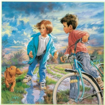 Joli ces2Enfants bicyclette et &agrave; pied,le chien avc eux,ils regardent quelque chose qui leur plait et sont tout ravis de surprise��  Amusant tendre   Ca rappelle ntre enfance !!!