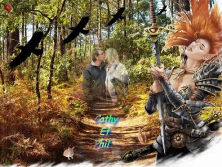 Amour R$eve  Protection, Couple amoureux, dans joli Paysage d'Automne � For&ecirc;t verdure, Ciel bleu passe &agrave; travers branchage soleil les &eacute;claire�  &&eacute;claire leurs Coeurs &