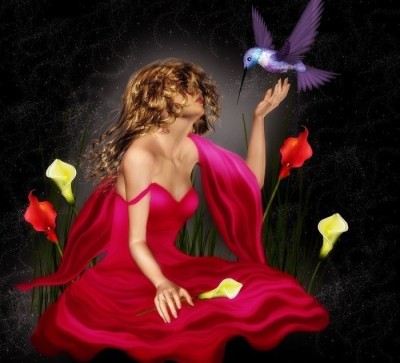 Oiseau tenu par la main d'un jolie fille, Noir Bleu c'est la nuit joli contraste avec sa robe d&eacute;collet&eacute; luiayant &agrave; ravir,Rose fonc&eacute; Rouge, Fleurs, Fait r&ecirc;ver  et je vs am&egrave;ne Beaut&eacute; couleurs 