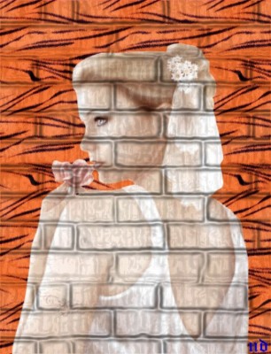 .      Sous fond brique couleur orang&eacute;  gris, noir,  l'on voit en transparenc  belle jeune femme de dos, de profil son visage doux  une rose &agrave; la main�� pensive  r&ecirc;ve   r&eacute;fl&eacute;chit�� en blanc,  &ccedil;a 